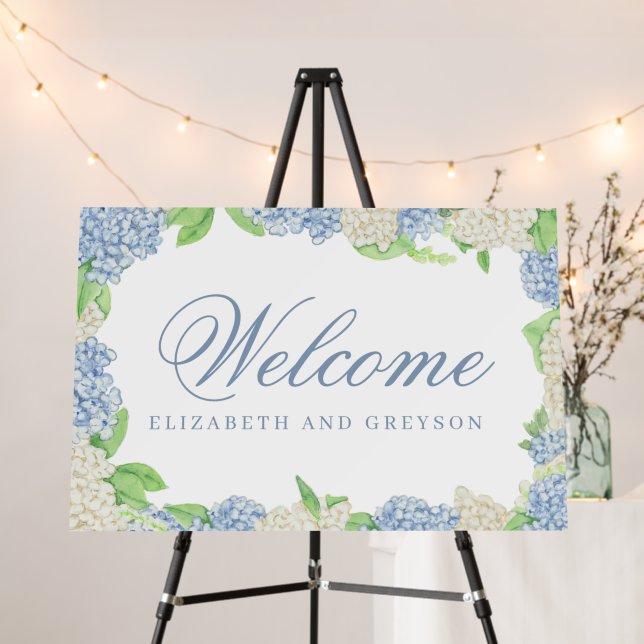 Blue and White Hydrangea Crest Wedding Welcome Foam Board (In Situ (Stand))