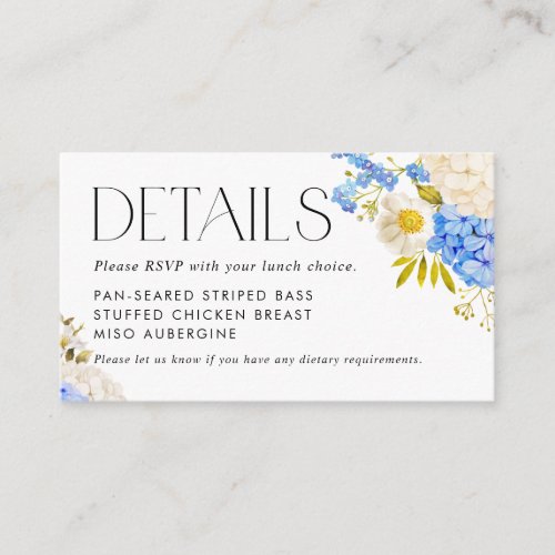 Blue and White Hydrangea Meal Choice Details Enclosure Card
