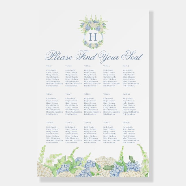 Blue and White Hydrangea Wedding Crest  Foam Board (Front)