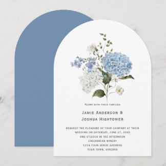 Blue and White Hydrangea White Rose Wedding Invitation