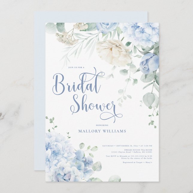 Blue and White Hydrangeas Bridal Shower Invitation (Front/Back)