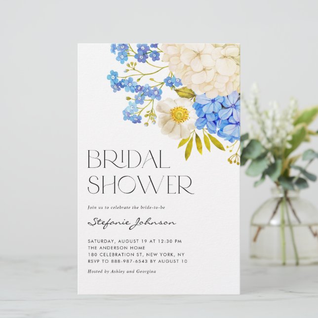 Blue and White Hydrangeas Bridal Shower Invitation (Standing Front)