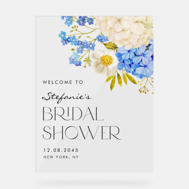 Blue and White Hydrangeas Bridal Shower Welcome Acrylic Sign (Front)