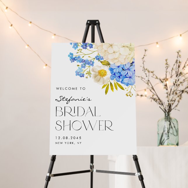 Blue and White Hydrangeas Bridal Shower Welcome Foam Board (In Situ (Stand))