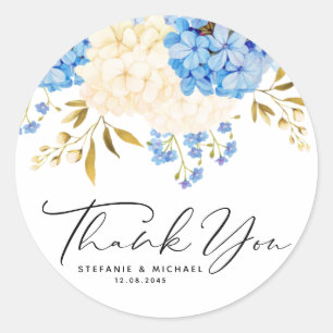 Blue and White Hydrangeas Floral Wedding Thank You Classic Round Sticker