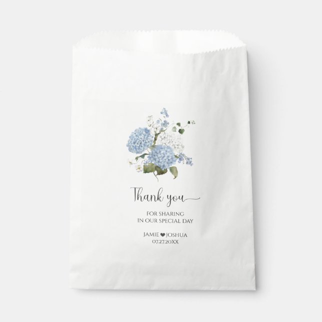 Blue and White Hydrangeas Greenery Wedding Favor Bag (Front)