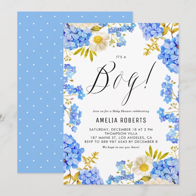 Blue and White Hydrangeas It's a Boy Baby Shower Invitation (Front/Back)