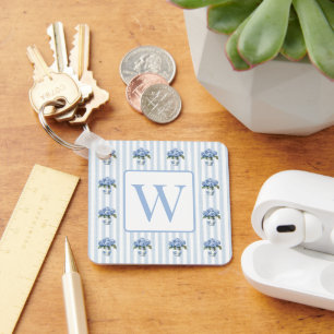 Blue and White Hydrangeas on Stripes Monogram Keychain