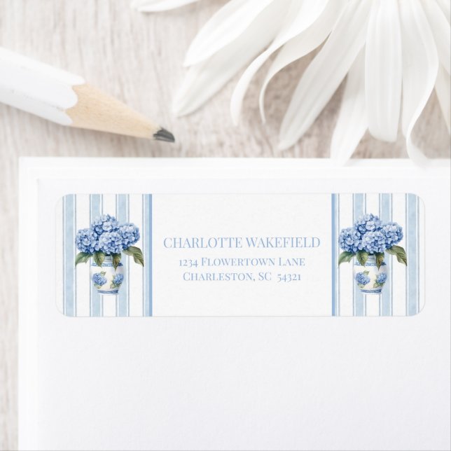 Blue and White Hydrangeas on Stripes Monogram Label (Insitu)