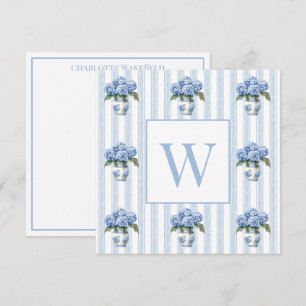 Blue and White Hydrangeas on Stripes Monogram Note Card