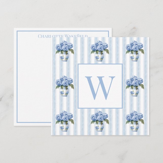 Blue and White Hydrangeas on Stripes Monogram Note Card (Front/Back)