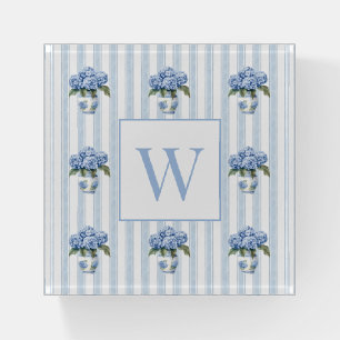 Blue and White Hydrangeas on Stripes Monogram Paperweight