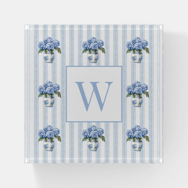 Blue and White Hydrangeas on Stripes Monogram Paperweight (Front)