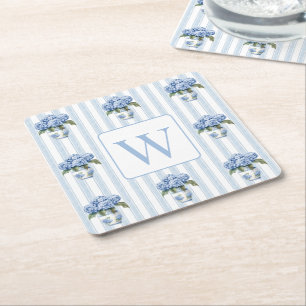 Blue and White Hydrangeas on Stripes Monogram Square Paper Coaster