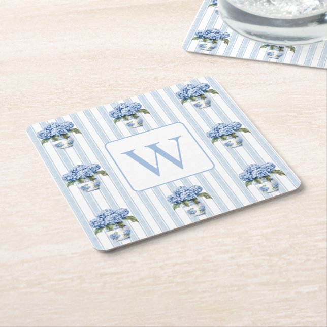 Blue and White Hydrangeas on Stripes Monogram Square Paper Coaster (Angled)