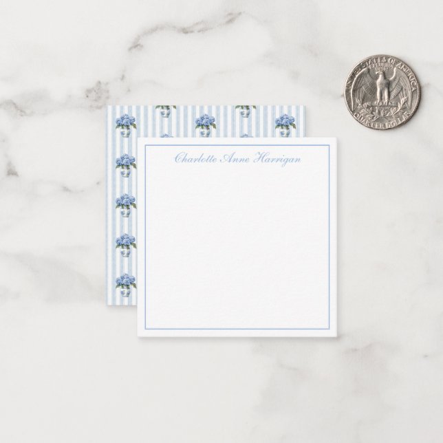 Blue and White Hydrangeas on Stripes Note Card (Front/Back In Situ)