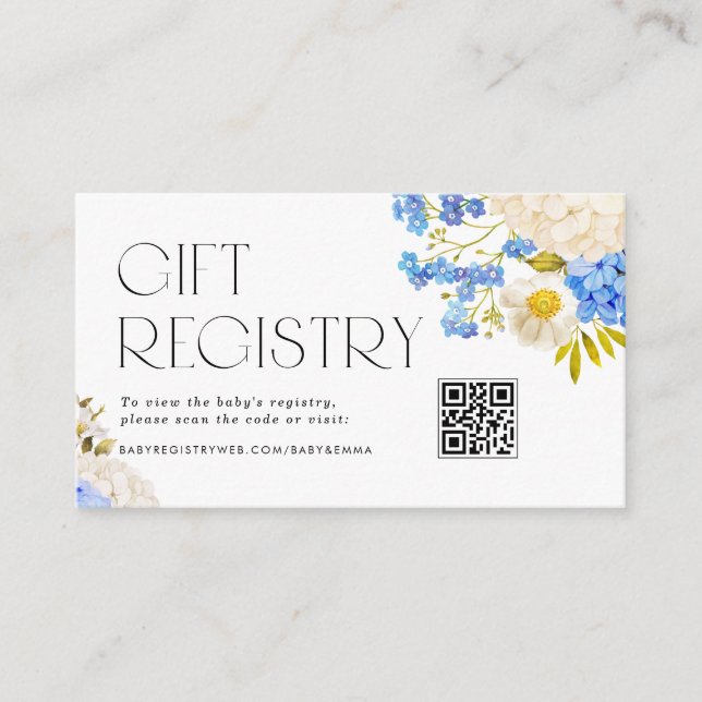 Blue and White Hydrangeas QR Code Registry Enclosure Card (Front)