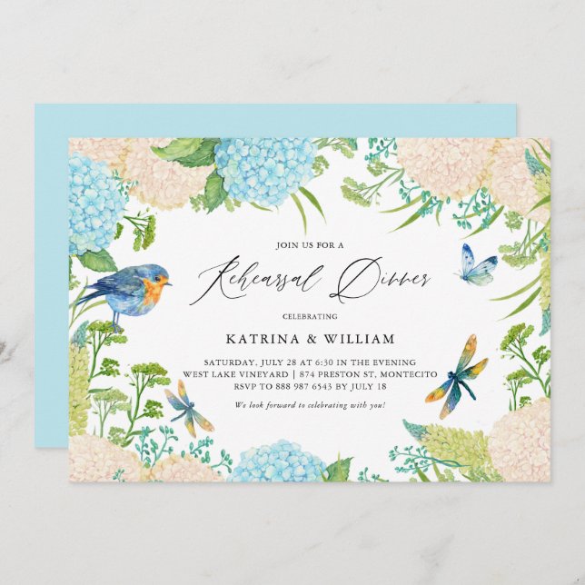 Blue and White Hydrangeas Rehearsal Dinner Invitation (Front/Back)