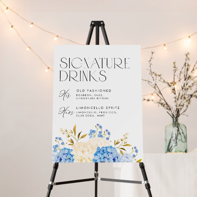 Blue and White Hydrangeas Wedding Signature Drinks Foam Board (In Situ (Stand))