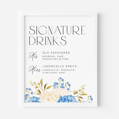 Blue and White Hydrangeas Wedding Signature Drinks Poster