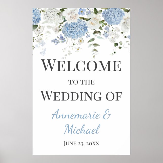 Blue and White Hydrangeas Welcome to Our Wedding Poster (Front)