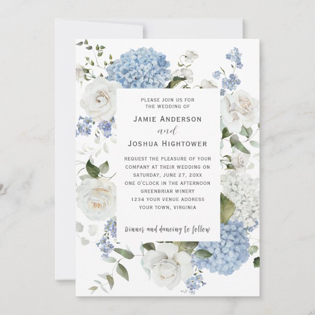Blue and White Hydrangeas, White Roses Floral  Invitation (Front)