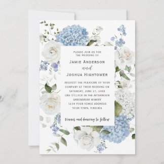 Blue and White Hydrangeas, White Roses Floral  Invitation