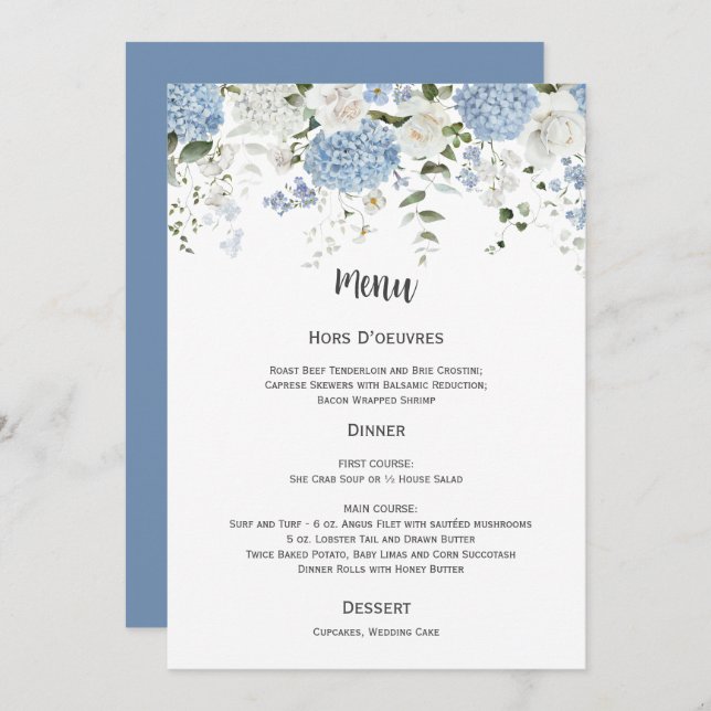 Blue and White Hydrangeas White Roses Wedding Menu Invitation (Front/Back)