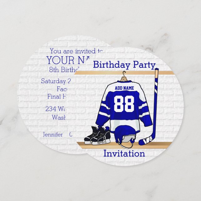 Blue and White Ice Hockey Jersey Birthday Party Invitation (Front/Back)