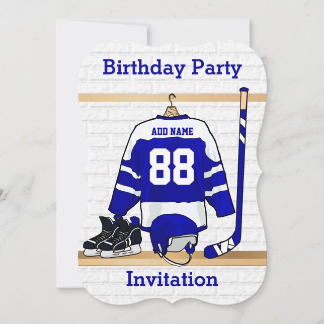 Blue and White Ice Hockey Jersey Birthday Party Invitation (Front)