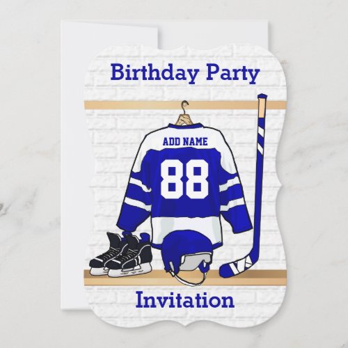 Blue and White Ice Hockey Jersey Birthday Party Invitation