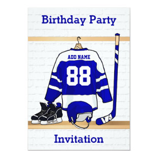 Blue and White Ice Hockey Jersey Birthday Party Invitation