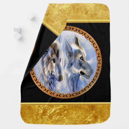 Blue and white ice wolves looking for dinner baby blanket