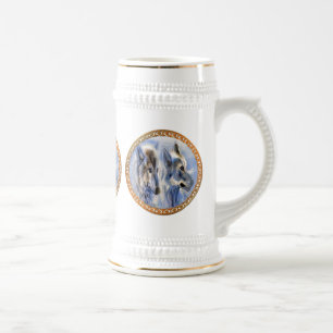 Blue and white ice wolves looking for dinner beer stein