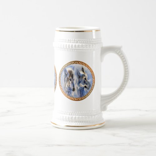 Blue and white ice wolves looking for dinner beer stein