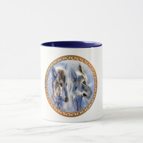 Blue and white ice wolves looking for dinner mug