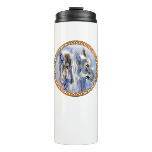 Blue and white ice wolves looking for dinner thermal tumbler