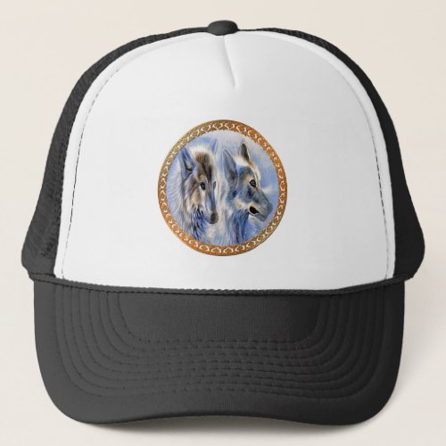 Blue and white ice wolves looking for dinner trucker hat