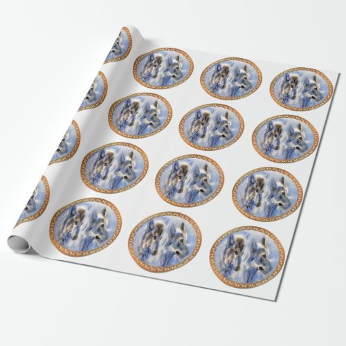 Blue and white ice wolves looking for dinner wrapping paper
