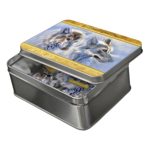 Blue and white ice wolves with gold foil texture jigsaw puzzle