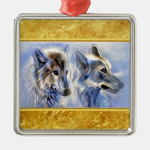 Blue and white ice wolves with gold foil texture metal ornament