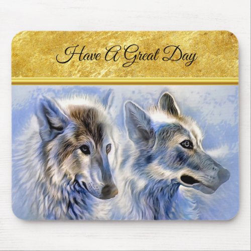 Blue and white ice wolves with gold foil texture mouse pad