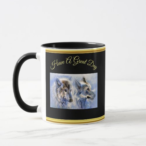 Blue and white ice wolves with gold foil texture mug