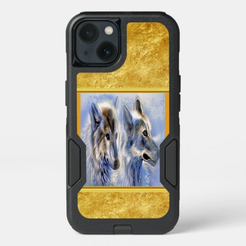 Blue and white ice wolves with gold foil texture iPhone 13 case