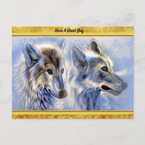 Blue and white ice wolves with gold foil texture postcard