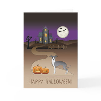 Blue And White Iggy And Halloween Haunted House Card