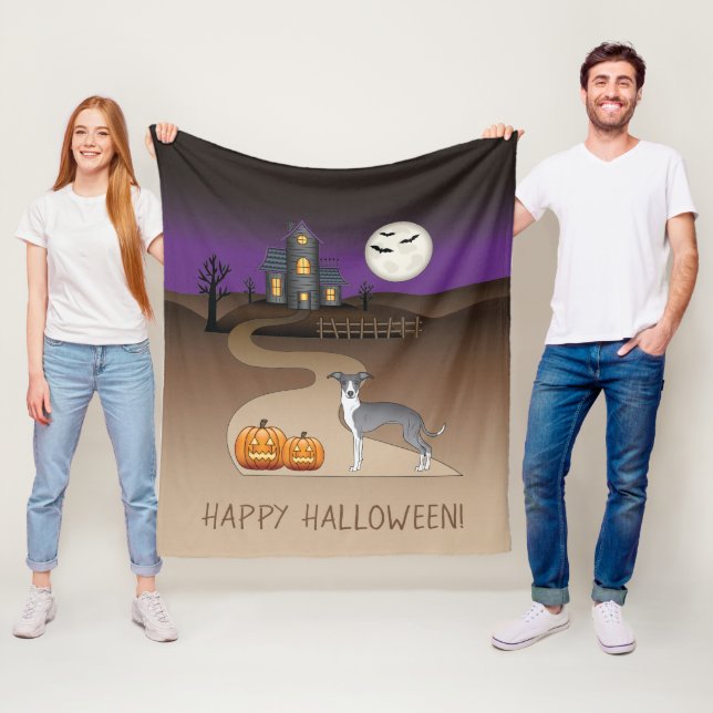 Blue And White Iggy And Halloween Haunted House Fleece Blanket (In Situ)