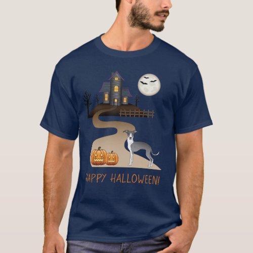 Blue And White Iggy And Halloween Haunted House T_Shirt