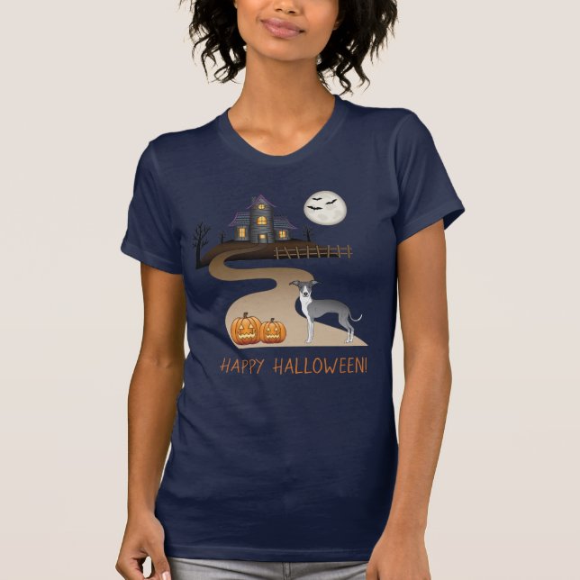 Blue And White Iggy And Halloween Haunted House T-Shirt (Front)