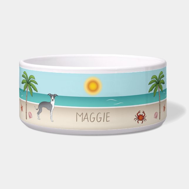 Blue And White Iggy Dog At A Tropical Summer Beach Bowl (Front)